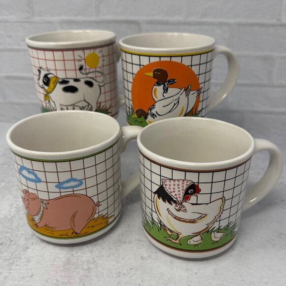 Vintage Set 4 Interpur Farm Animal Mugs Country Farmhouse Pig Cow Duck Chicken